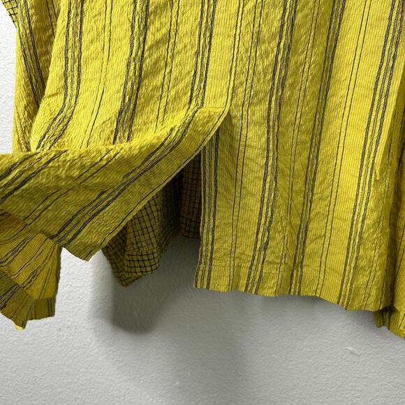 Ali Miles Wearable Art Asymmetric Tunic Citron 2X Crinkle Striped Button Blouse - Picture 10 of 13
